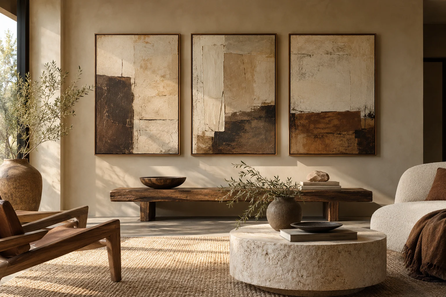 AI-created editorial illustration: A carefully hung collection of three original abstract artworks on warm plaster, tactile frames and restrained colors.